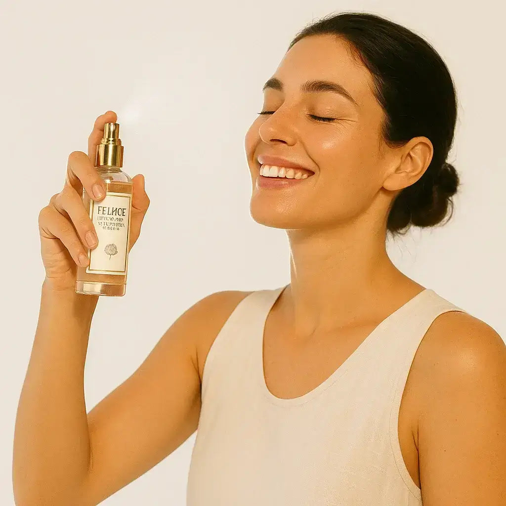 Aplicación de bruma facial en rostro limpio