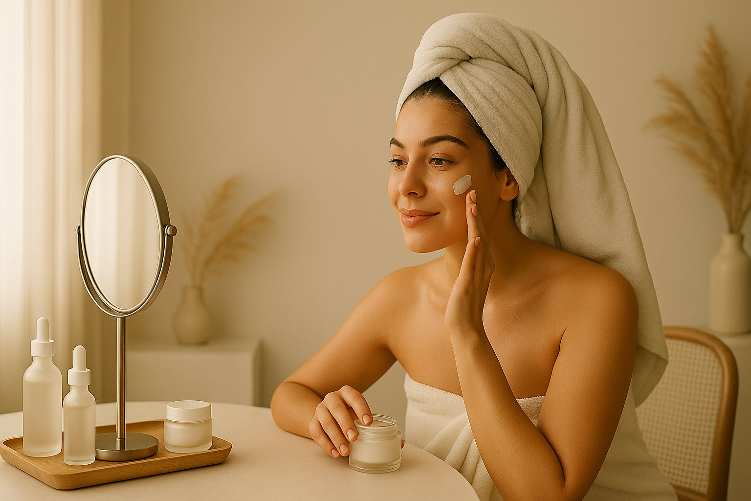 Rutina de cuidado de la piel: mujer preparando su ritual Mas Bella en tocador minimalista