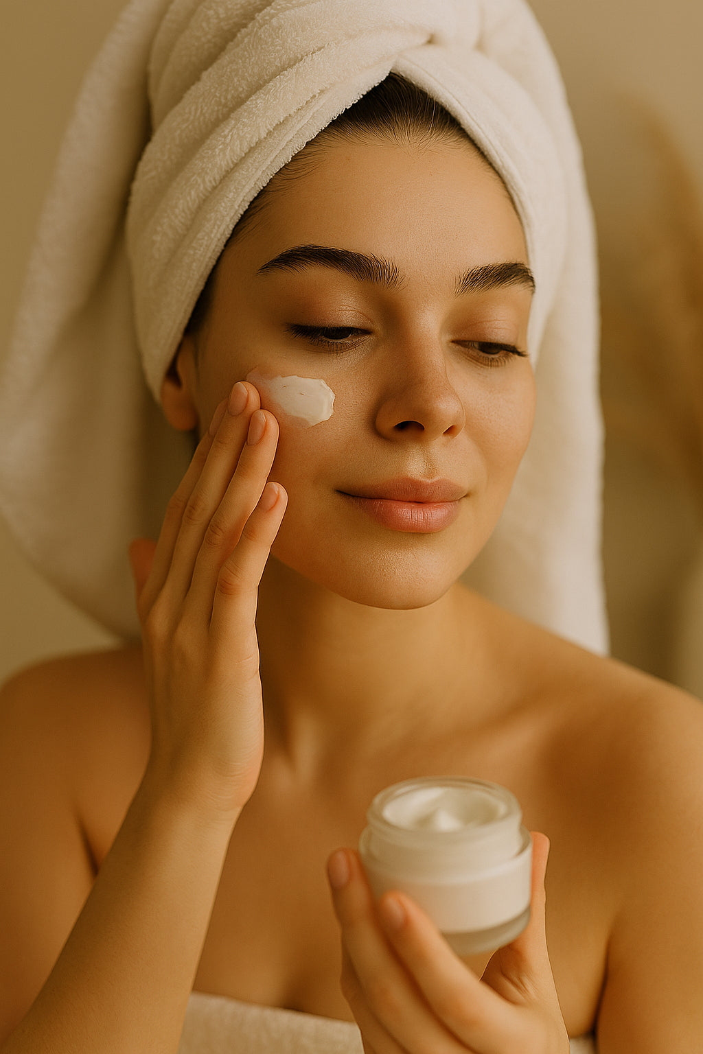 Rutina de cuidado de la piel: mujer preparando su ritual Mas Bella en tocador minimalista