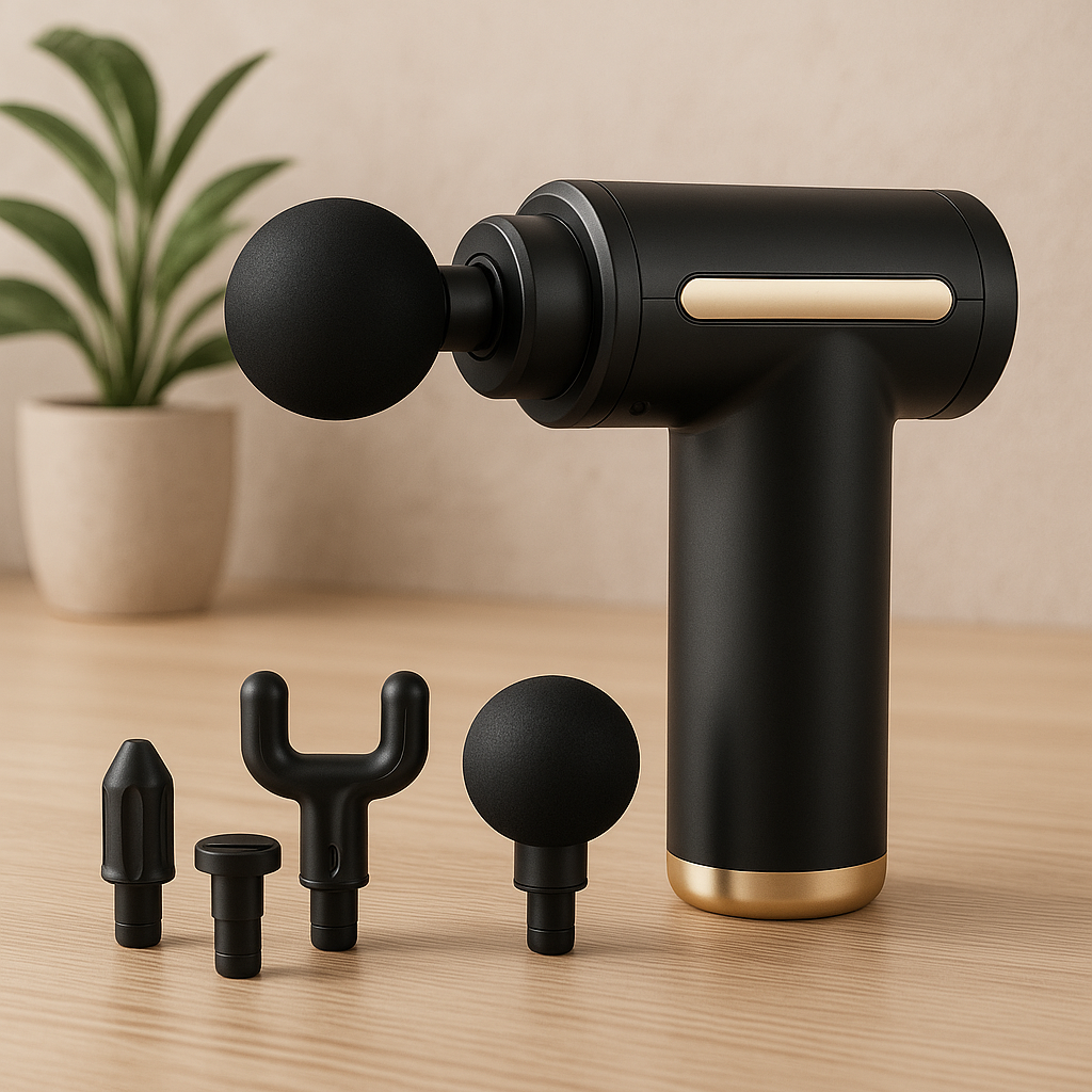 MasajeGiro™ Mini – Pistola de masaje portátil con 4 cabezales y batería USB